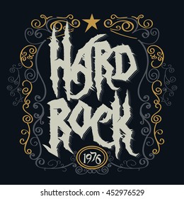 Rock music print, hipster vintage label graphic design, rock-n-roll tee stamp design. lettering artwork