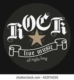 Rock music print, hipster vintage label graphic design, rock-n-roll tee stamp design. lettering artwork