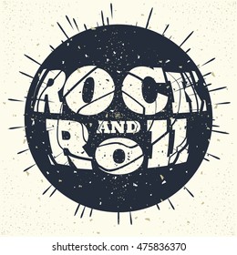 Rock Music Print, Hipster Vintage Label, Graphic Design With Grunge Effect, Tee Print Stamp. T-shirt Lettering Artwork, Vector Illustration In Flat Style Isolated From The Background, EPS 10