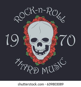 Rock music print, rock and roll stamp with skull and rose. Graphic design for clothes, t-shirt, apparel. Vector illustration.