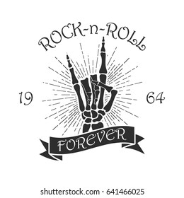 Rock music print with skeleton hand, sunburst and ribbon. Hipster vintage logo with lettering - rock-n-roll forever. Design for t-shirt, clothes, apparel. Vector illustration.