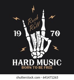 Rock music print with skeleton hand and lightning. Vintage rock-n-roll logo with lettering and grunge. Design for t-shirt, clothes, apparel. Vector illustration.