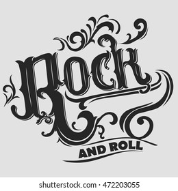 Rock music print, vintage label, rock-music tee print stamp, vector graphic design. t-shirt print lettering artwork
