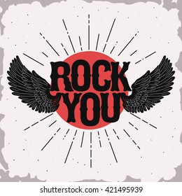 Rock music print, wings hipster vintage label, graphic design with grunge effect, tee stamp, artwork lettering vector