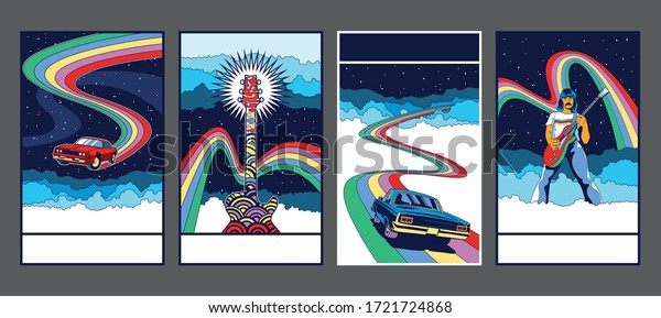 Rock\
Music Psychedelic Poster Templates, Vintage Colors 1960s, 1970s,\
Guitar, Guitar Player, Muscle Cars, Rainbows,\
Clouds