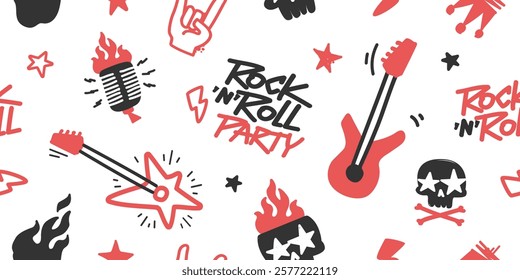 Rock Music and Punk Doodle seamless pattern for apparel print. Pattern with funny Rock n Roll element set of guitar, skull, fire or flame, microphone, crown. Rock Party background for textile