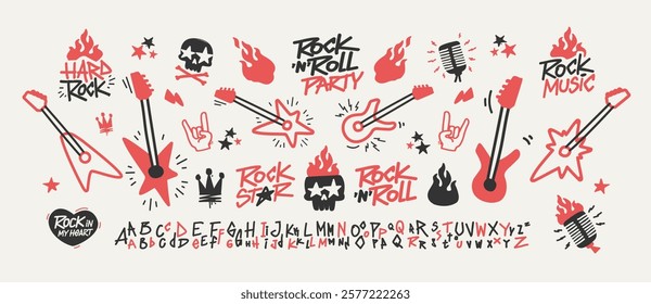 Rock Music and Punk Doodle signs collection for Rock Party and apparel print, pattern design. Rock n Roll pattern element set of guitar, skull, fire or flame, microphone, crown, font type, etc (set 2)