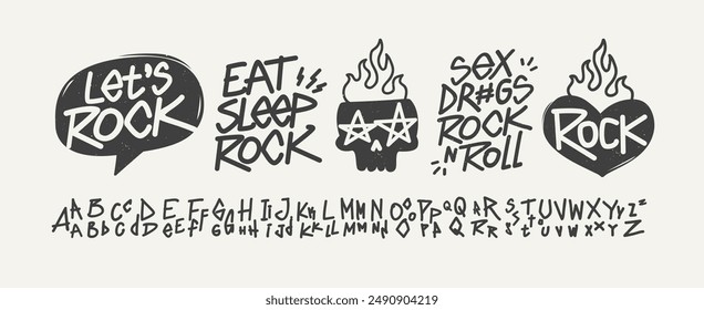 Rock Music quotes dsgn with doodle font type. Rock n Roll doodle retro typography with hand written lettering set. Rock Party inscriptions. Punk Rock music signs for prints and poster design (set 1)