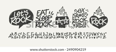 Rock Music quotes dsgn with doodle font type. Rock n Roll doodle retro typography with hand written lettering set. Rock Party inscriptions. Punk Rock music signs for prints and poster design (set 1)