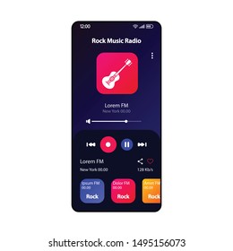 Rock music radio smartphone interface vector template. Mobile audio player app page modern design layout. Albums, live podcast listening widget screen. Flat UI for application. Phone display