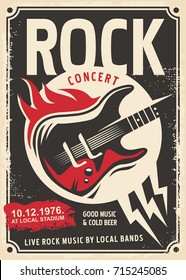 Rock music retro poster design with electric guitar and fire flames on old paper texture. Vintage illustration template for hard rock music festival.