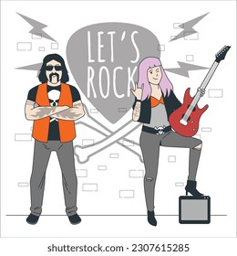 Rock music or rockers band performing on stage with guitarist. Rock Musicians Singing and Playing Guitar Set, Male Rockers Performing on Stage Vector Illustration 