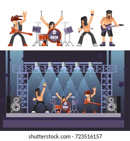 Rock music rockers band performing on stage singer, bass guitarist percussion vector icons