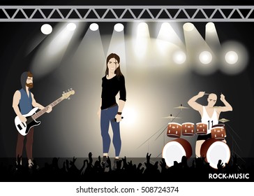 Rock music. Scene. Spotlight. Rock band, drummer, bass guitarist, soloist. Vector illustration.