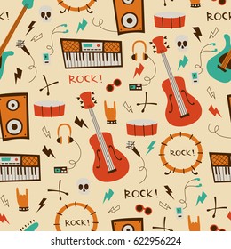  Rock Music Seamless Background.  Pattern with Music Symbols and  Instruments.