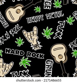 Rock music seamless pattern. Acoustic guitars, names of rock styles, cannabis leaves, characteristic hand gestures are randomly located on a black background. Vector.