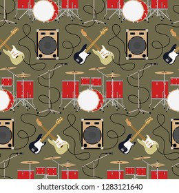Rock music seamless pattern with drums, guitars and amplifiers