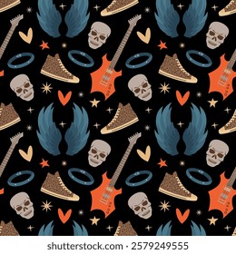 Rock music seamless pattern. Electric guitar, skull, sneakers and wings. Vector illustration for the design of a website for a punk shop, tattoo parlor, background, clothing, wrapping paper, wallpaper