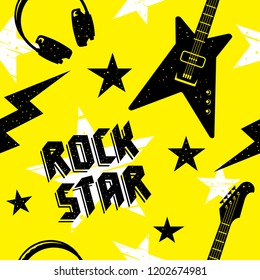 Rock music seamless pattern. Endless vector background with rock music attributes and simbols