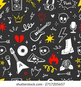 Rock música padrão perfeito com guitarra, caveira, símbolos punk. Adesivos de rabiscos desenhados à mão com estrelas, rosas e coração de amor para o fundo da música rock, design de tatuagem. Ilustração vetorial
