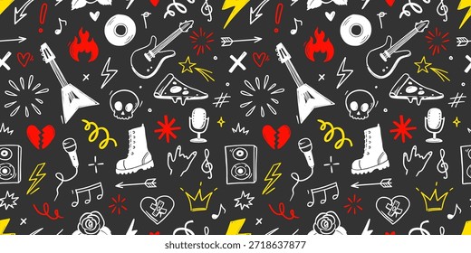 Rock de música sin patrón con guitarra, calavera, punk símbolos. Dibujado a mano doodle grunge pegatinas con estrellas, rosas y rayos para fondo de música rock, diseño de tatuajes. Ilustración vectorial