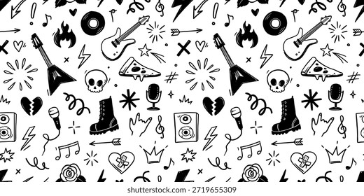 Rock de música sin patrón con guitarra, calavera, punk símbolos. Dibujado a mano doodle grunge pegatinas con estrellas, rosas y rayos para el fondo del festival de música rock. Ilustración vectorial