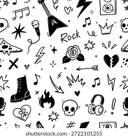 Rock music seamless pattern with guitar, skull, punk symbols. Hand drawn doodle scribbles stickers with stars, roses and love heart for rock music background, tattoo design. Vector illustration