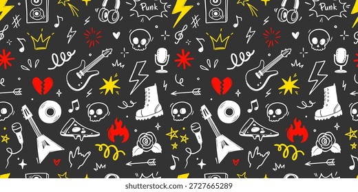Rock de música sin patrón con guitarra, calavera, punk símbolos. Dibujado a mano doodle grunge pegatinas con estrellas, rosas y rayos para el fondo del festival de música rock. Ilustración vectorial