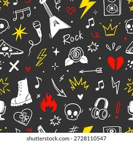 Rock música padrão perfeito com guitarra, caveira, símbolos punk. Adesivos grunge desenhados à mão com estrelas, rosas e relâmpagos para fundo de música rock, design de tatuagem. Ilustração vetorial