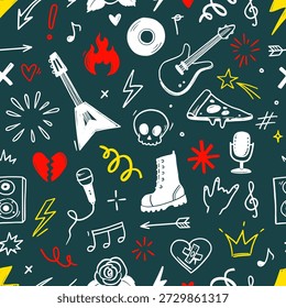 Rock de música sin patrón con guitarra, calavera, punk símbolos. Dibujado a mano doodle grunge pegatinas con estrellas, rosas y rayos para fondo de música rock, diseño de tatuajes. Ilustración vectorial