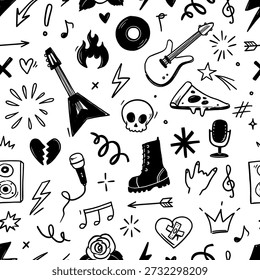Patrón de música de Rock sin fisuras con guitarra, cráneo, símbolos punk. Pegatinas de garabato grunge dibujadas a mano con estrellas, rosas y rayos para el fondo del festival de música rock. Ilustración vectorial