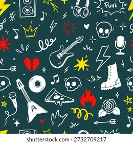 Patrón de música de Rock sin fisuras con guitarra, cráneo, símbolos punk. Dibujado a mano doodle grunge pegatinas con estrellas, rosas y rayos para fondo de música rock, diseño de tatuajes. Ilustración vectorial
