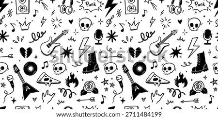 Rock music seamless pattern with guitar, skull, punk symbols. Hand drawn doodle scribbles stickers with stars, roses and love heart for rock music background, tattoo design. Vector illustration