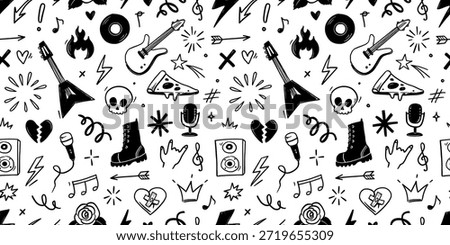 Rock music seamless pattern with guitar, skull, punk symbols. Hand drawn doodle grunge stickers featuring stars, roses and lightning bolts for rock music festival background. Vector illustration