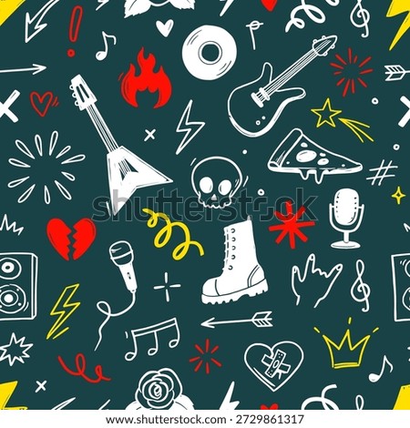 Rock music seamless pattern with guitar, skull, punk symbols. Hand drawn doodle grunge stickers with stars, roses and lightning bolts for rock music background, tattoo design. Vector illustration