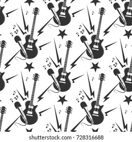 Rock music seamless pattern with guitars and microphones. Vector illustration
