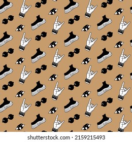 Rock music seamless pattern.Vector background with hand gesture,heavy boot,bracelet with spikes,glasses.Design for textile,cover,wrapping paper.Isolated pattern.