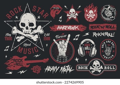 Rock music set colorful logotypes with hand making rocker gesture and heads dead for scenery hard rock nightclub vector illustration