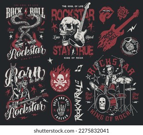 Rock music set colorful stickers with snakes turning into guitars or dead men for punk fashion design vector illustration