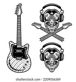 Rock music set of vector objects, alien head in headphones and guitar. Monochrome illustrations isolated on white background