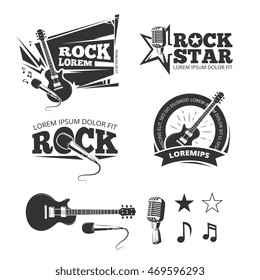Rock music shop, recording studio, karaoke club vector labels, badges, emblems logos with musical instrument. Guitar and microphone illustration