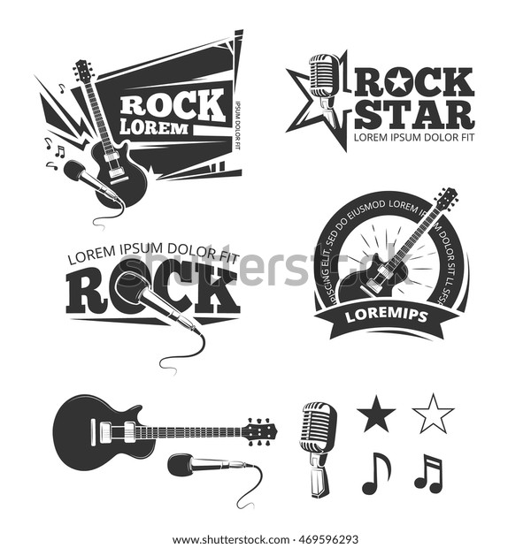 Rock music shop, recording studio, karaoke
club vector labels, badges, emblems logos with musical instrument.
Guitar and microphone
illustration