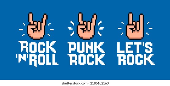 Rock Music signs in Pixel Art style vector template. Let's Rock and Punk Rock inscription collection for print tee, apparel and poster design. Rock sign gesture