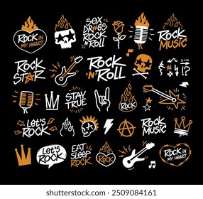 Rock Music slogan prints Doodle Collection in vector dsgn (set 5). Rock Party icons set of rockers guitar, skull, fire or fnlame, microphone, crown etc. Rock n Roll pattern elements for print design