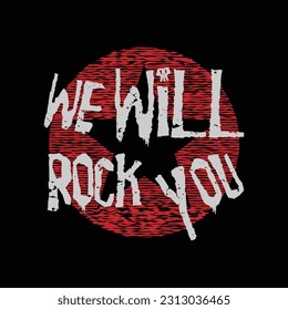 Rockmusik. Slogan: Wir werden Sie stürzen. Vintage-Design. brüchiger Hintergrund. Typografie, T-Shirt-Grafik, Druck