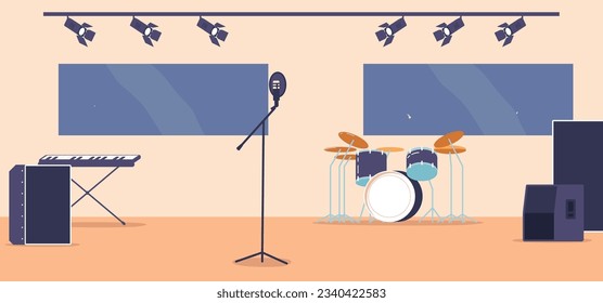 Rock Music Stage, Vibrant Setup With Drums, And Keyboard Ready To Create High-energy Rock Performances