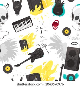 Música de rock e instrumentos musicales, incluyendo equipos y símbolos como guitarra eléctrica, altavoces de música, gestos de cuernos de mano y otros elementos de rock. Ilustración vectorial.