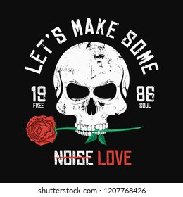 Rock music style t-shirt design. Skull is biting and holding red rose. Vintage slogan graphic for t-shirt print with grunge background. Vector