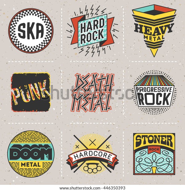 Rock Music Styles Genres Color Logotypes Set 1.\
Line Art Vector Elements.