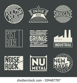 Rock Music Styles Genres Logotypes Set 2. Line Art Vector Elements.